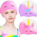 2 pcs Kids Swim Cap Silicone Swimming Cap for Boys Girls (Age 3-12) Cover Ears Waterproof Bathing Cap Keep Hair Dry Swimming Hat for Hair (Light Pink+Light Purple)