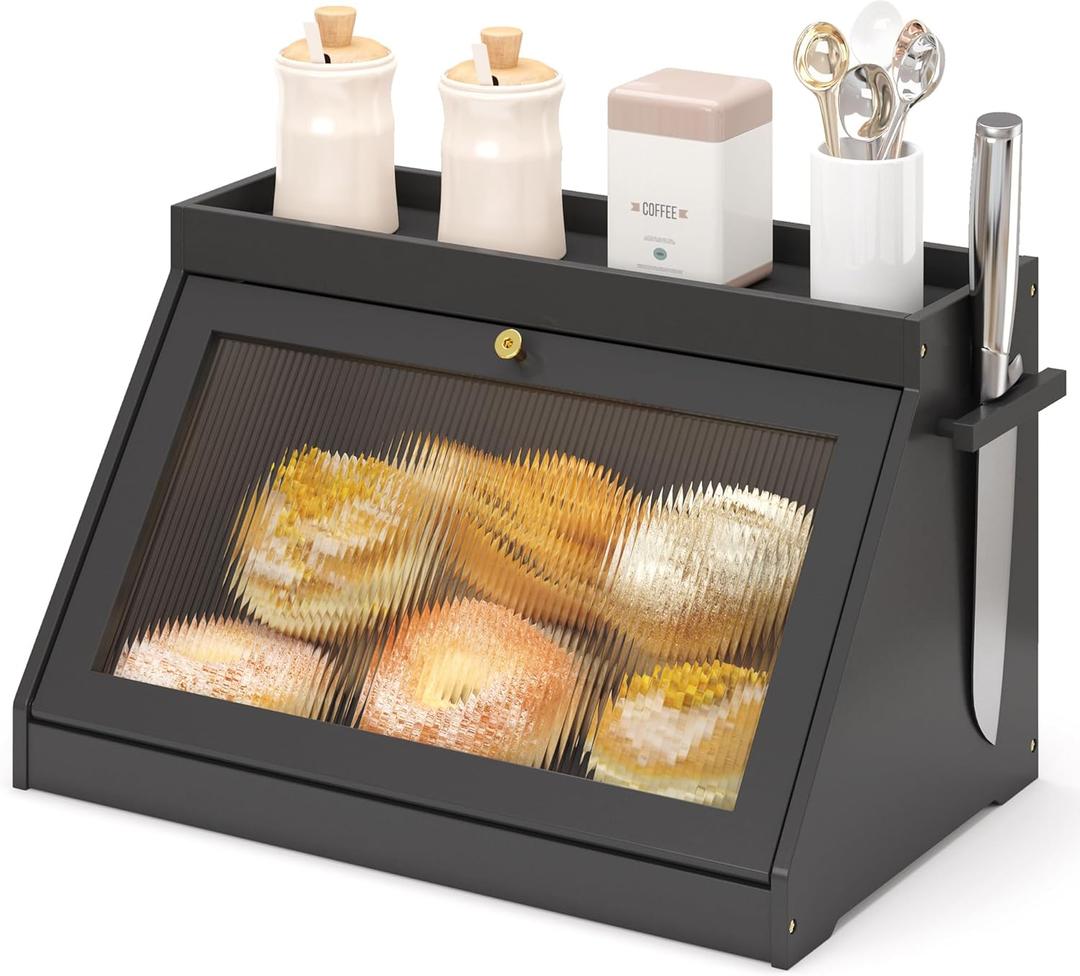 Bamboo Bread Box with Shelf for Kitchen Counter-Large Capacity Bread Storage Container with Wavy Arcylic Transparent Door Bamboo Wooden Farmhouse Bread Box for Your House (Black)