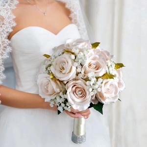 9 Inch Wedding Bouquet for Bride Bridesmaid Champagne Silk Rose Bouquet for Wedding Party Prom Decoration (Champagne2)