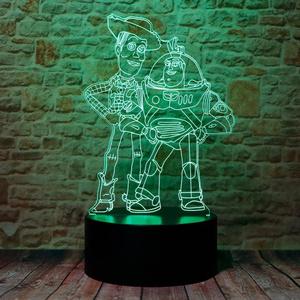 Cute Story Sheriff Woody and Buzz Lightyear Anime Character 3D Optical Illusion LED Bedroom Decor Sleep Table Lamp with Remote 7 Colors Acrylic Visual Night Light Birthday Christmas Gifts for Kids