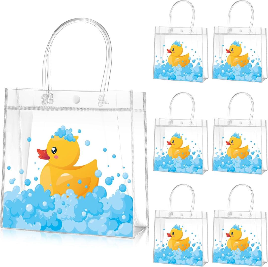 Aliceset 20 Pcs Duck Party Clear Favor Bags with Handles Rubber Duck Baby Shower Goodie Bags for Birthday Party Candy Treat Baby Shower Decoration Supplies, 8x8x3.15 Inch