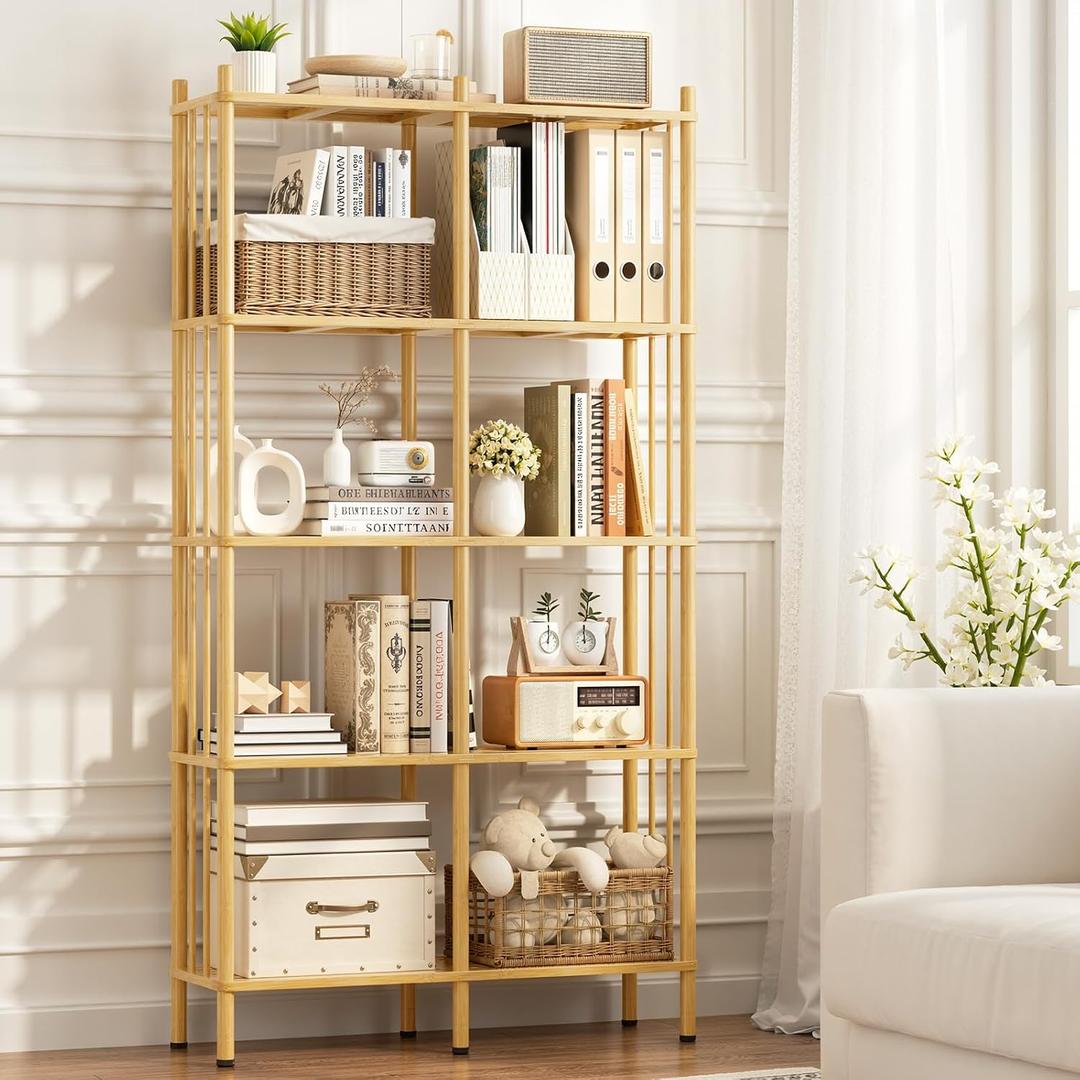5 Tier Book Shelf, Tall Bamboo Bookcase, Wide Bookshelf with 10 Open Display Shelves Storage Organizer, Adjustable Bookshelves Standing Shelf Units for Bedroom, Living Room, Home Office