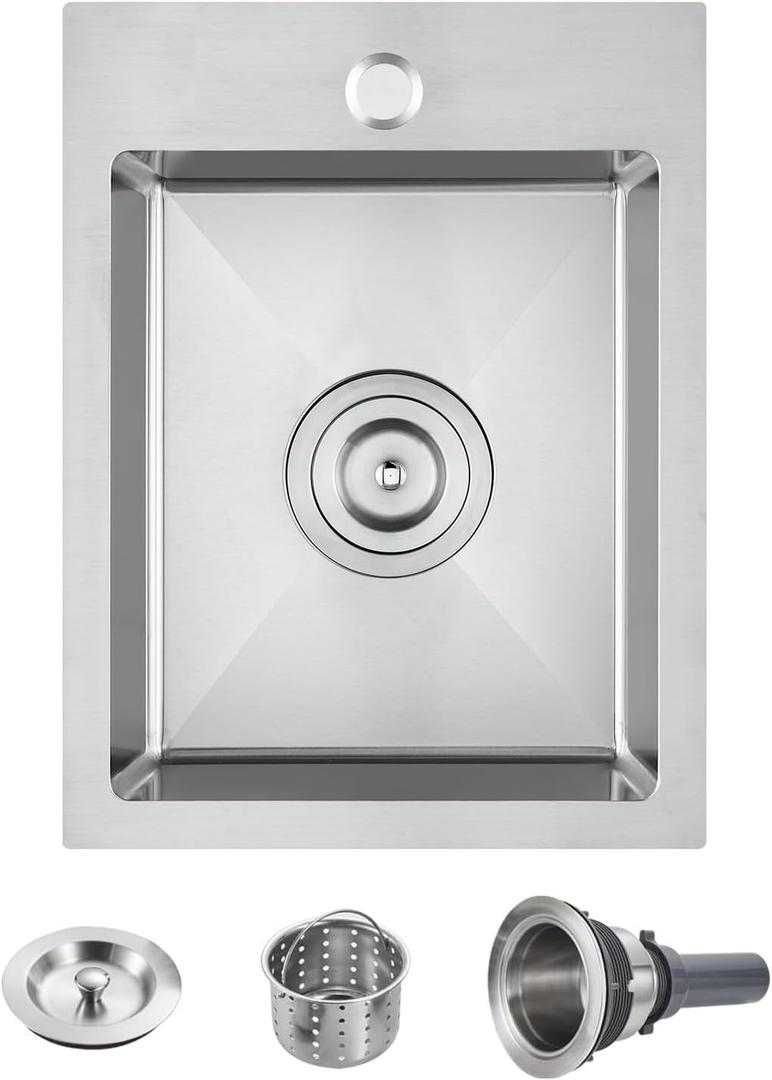 POPFLY 13 Inch Drop In Bar Sink, 18 Gauge Stainless Steel 13x17" Sink Outdoor Brushed Nickel Single Rv Prep Sink, 6 inch Depth Utility Kitchen Small Top mount Water Sinks