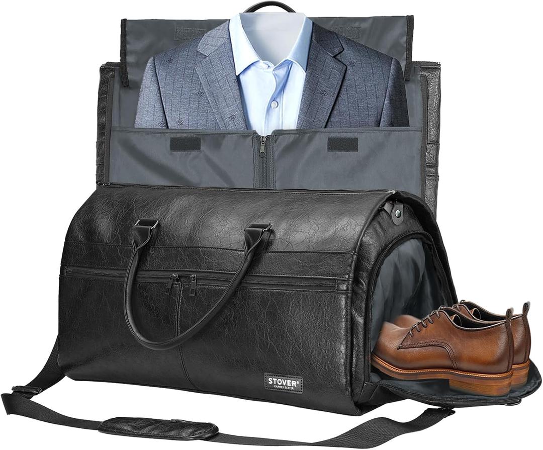 STOVER Garment Travel Duffle Bag, Large 2-in-1 Convertible Carry-on Luggage for Men & Women- Hanging Suits, Dresses & Clothes + Shoe Compartment- Weekender Tote Combo Duffel (Black Leatherette)