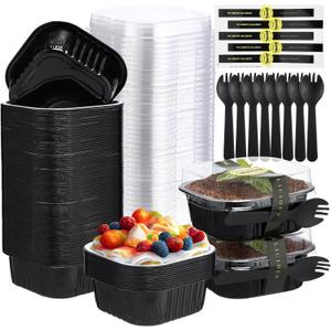 Sliner 100 Pcs 10 oz Mini Cake Pans with Lids Aluminum Foil Disposable Baking Loaf Tins, Spoon, Stickers, Square Cupcake Container for Muffin Ramekins Brownie Wedding Birthday Party(Black Silver)