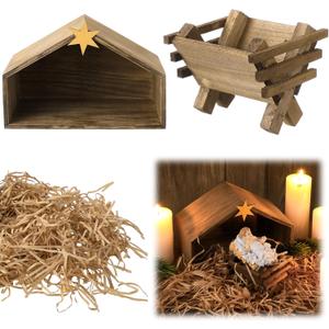 Threehoney Wooden Jesus Manger Scenes Christmas Nativity Stable with Raphia Grass Christmas Decoration Mini Manger Holy Family Nativity Scene Xmas Home Table Desk Decor