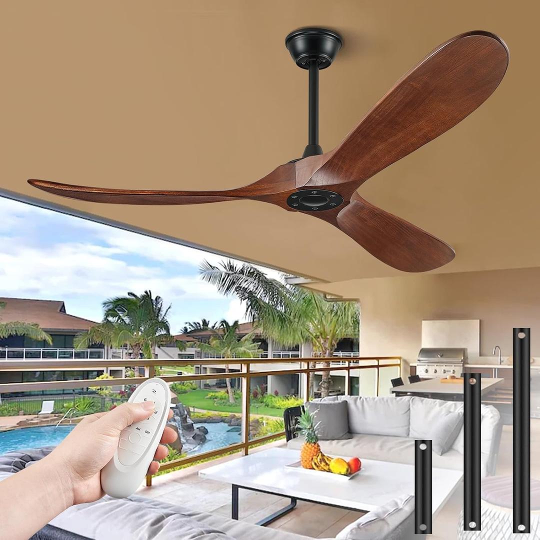 52" Ceiling Fans Without Lights, Solid Wood Ceiling Fan with Remote Control and DC Motor, Ceiling Fan no Light with 3 Blades, Indoor Outdoor Ceiling Fans for Patios, Bedroom- Dark Walnut