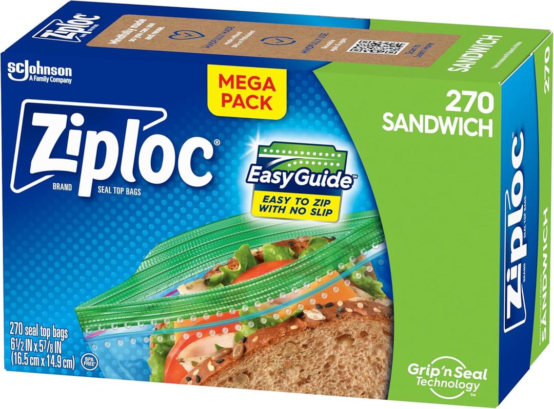 Ziploc Sandwich and Snack Bags with EasyGuide Texture, Plastic Storage Bags with Grip 'n Seal Technology, 270 Bags Total (Packaging May Vary)
