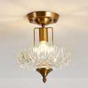 UOFUS Vintage Gold Semi Flush Mount Ceiling Light Fixture with Clear Glass Shade Antique Brass Small Chandelier Flower Close to Ceiling Light for Hallway Entryway Bedroom Porch Foyer Corridor Kitchen