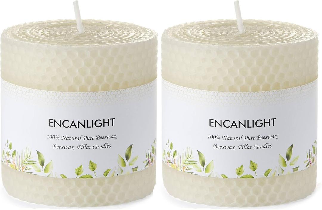 Beeswax Pillar Candles, 3x3 Inch White Hand-Rolled Honeycomb Pillar Candle Set of 2 - Dripless and Smokeless, Approx 9 Hours Hurn for Home Decor, Party, Wedding, Dinner