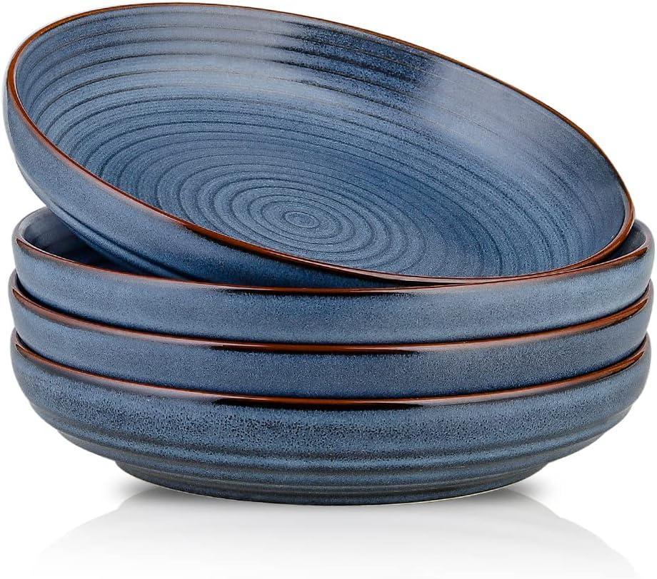 HVH 9.2 inch Large Pasta Bowls Set of 4, 40oz Big Salad Bowl Set of 4, Ceramic Plates Set, Shallow Bowls, Ceramic Bowls Set Microwave and Dishwasher Safe, Farmhouse Style (Black)