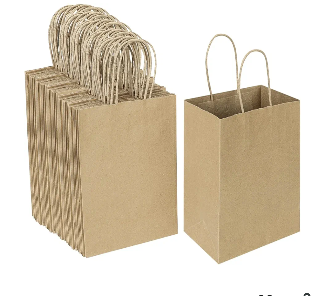Oikss 100 Pack 5.25x3.25x8.25 Inch Small Plain Natural Kraft Paper Gift Bags with Handles Bulk for Birthday Party Favors Grocery Retail Shopping Business Goody Craft Bags Cub Sacks (Brown 100 Count)
