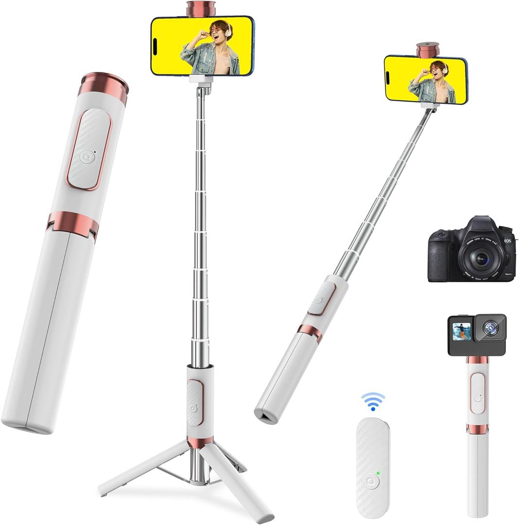 CellphoneTripod with Remote, Aluminum Alloy Selfie Stick Tripod, Best Foldable Mini Extendable Tripod Stand 270 Rotation Compatible with iPhone/Android Travel Essentials (Gold,White)