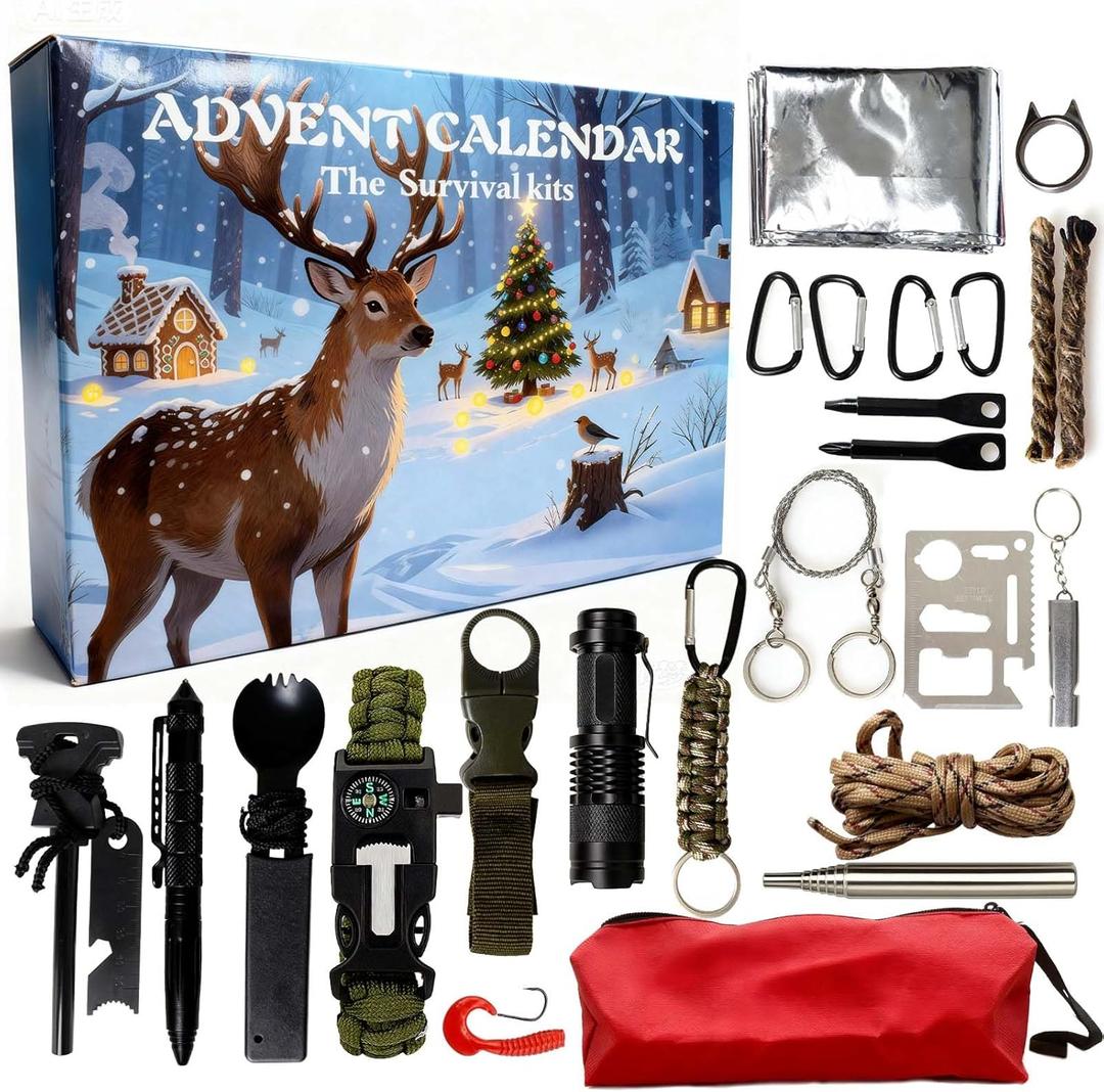 Lihome Survival Kit Advent Calendar 2025  24-in-1 Emergency Survival Kit with Tools, Flashlight, Paracord, Carabiners, First Aid Gear for Men, Outdoor, Camping, Hiking, Hunting