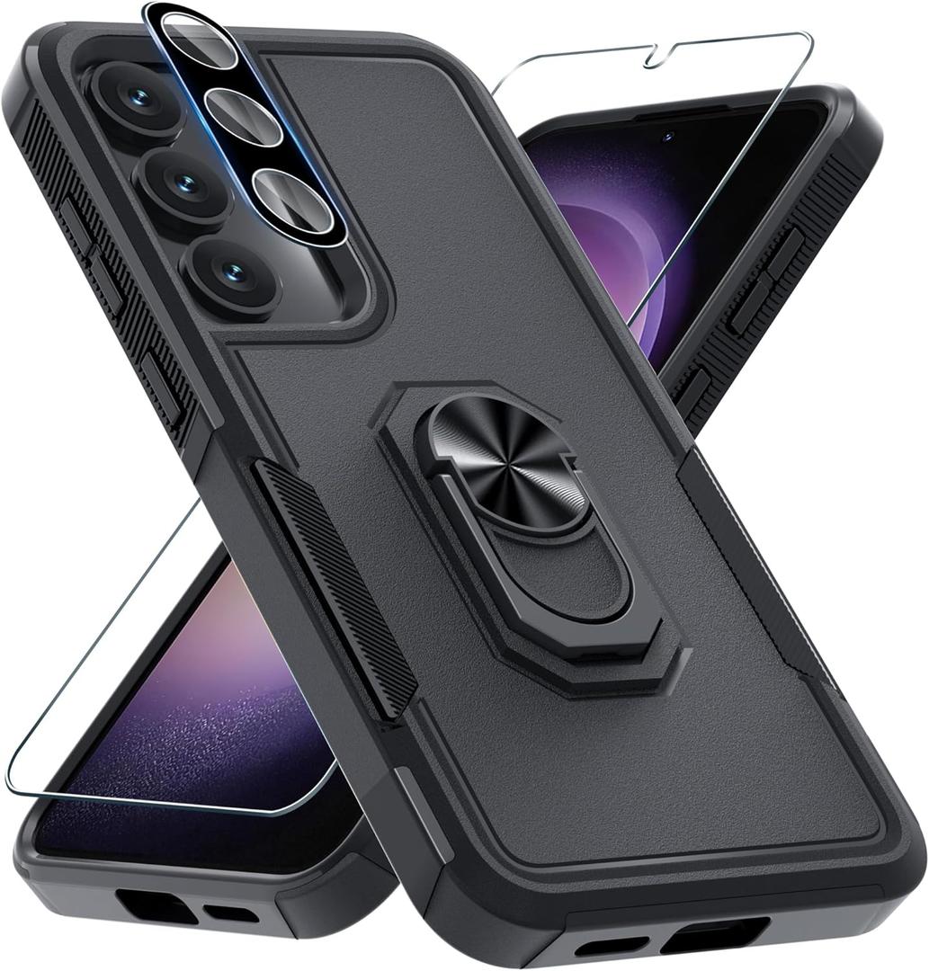 for Samsung Galaxy S25 Plus/S24 Plus Case with Screen Protector+Camera Lens Protector,Heavy Duty Shockproof Full Body Protective Cover Built in Rotatable Metal Ring Holder Kickstand,2025 Black Matte