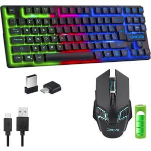 Gaming Wireless TKL Keyboard Mouse Combo Rechargeable LED Backlit Tenkeyless Compact 87 Keys 6 Button for Computer Laptop PS4 PS5 Switch Compatible with Windows XP/7/8/10 iMac MacBook Xbox one X