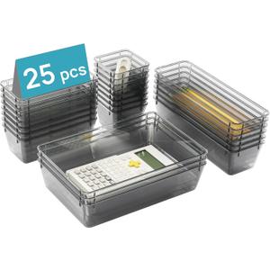 Vtopmart 25 PCS Office Desk Drawer Organizers Set, 4-Size Versatile Plastic Drawer Organizer Trays, Storage Bins for Desk Accessories Office Organizers and Storage, Bathroom, Makeup, Vanity (Clear Black)