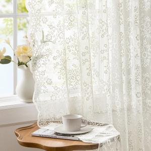 Vintage Lace Curtains 63 Inches Length with Floral and Branch Pattern, Elegant Romantic Sheer Light Filtering Lacy Drapes for Living Room Bedroom, 52 x 63 Inch Ivory, Set of 2 Panels