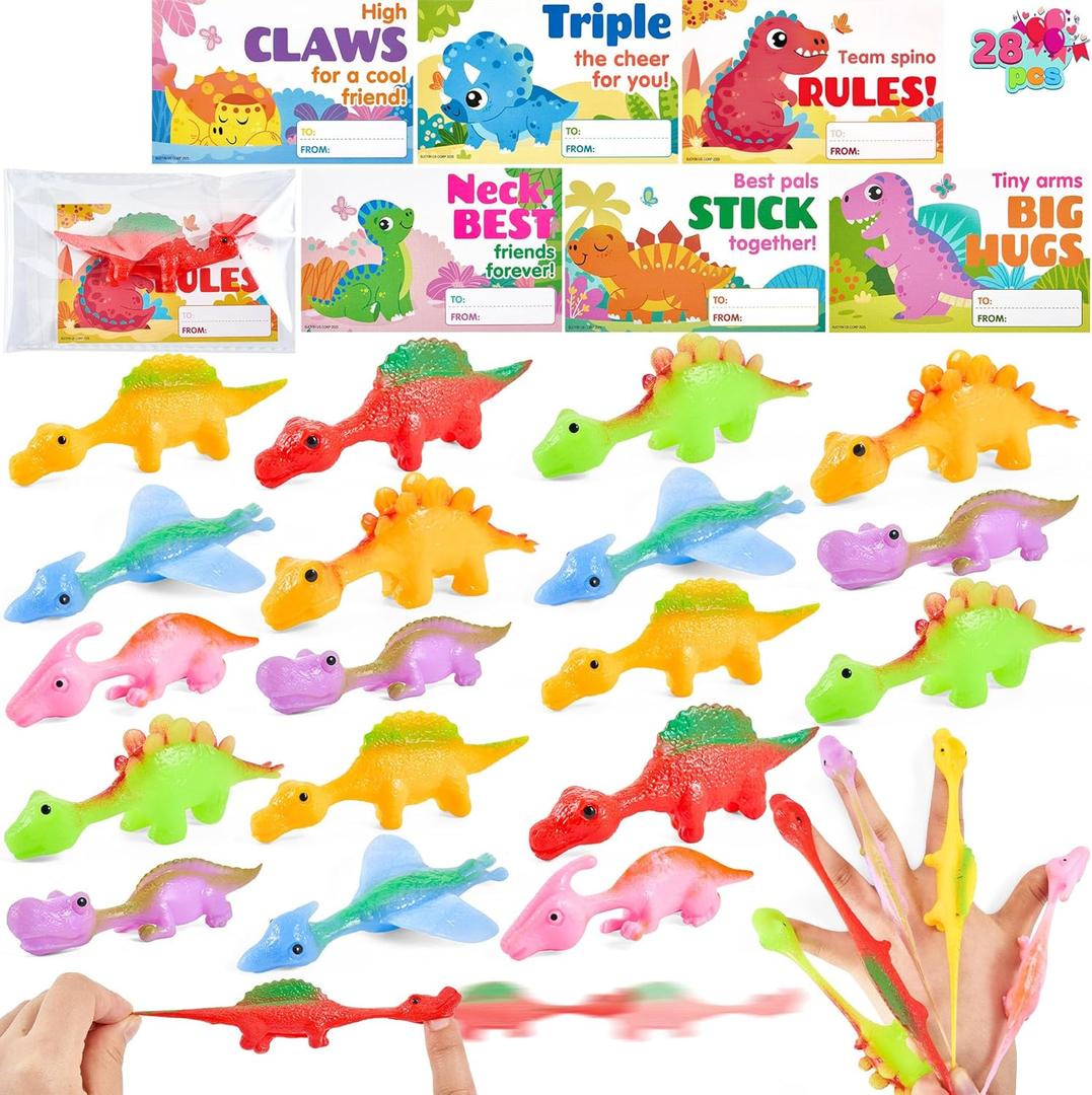JOYIN 28 Pcs Valentine's Day Slingshot Dinosaur Toys with Cards, Strentchy Multi-Color Dinosaur Finger Toys for Valentines Day Boys Girls Kids Classroom Prize Treats Goodie Bag Stuffers Party Favors