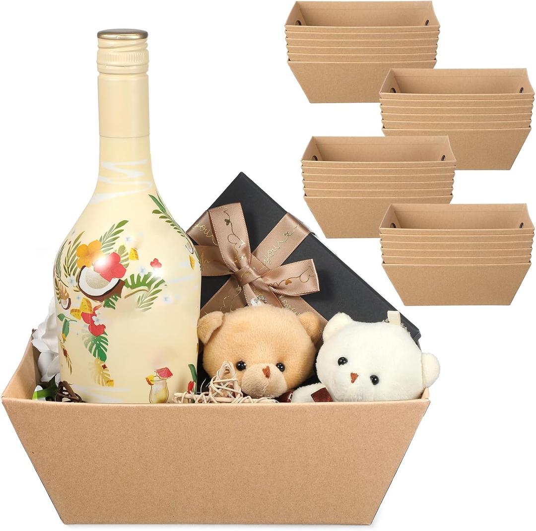 Potchen 12 Pcs Baskets for Gifts Empty Bulk 9.8 x 6.5 x 3.5 Kraft Gifts Baskets with Handle DIY Holiday's Market Trays for Wedding Anniversary Mother's Day Graduation Birthday Gift(Brown,Classical)
