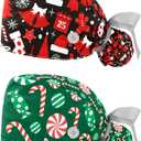 Christmas Snowflake Scrub Hats for Women Long Hair Working Cap with Button & Sweatband 2 Pcs Unisex Tie Back Hats (Medium-3X-Large, Multicoloured 3)