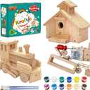 Kraftic Woodworking Building Kit for Kids and Adults, 2 Educational DIY Carpentry Construction Wood Model Kit Toy Projects for Boys and Girls  Build a Wooden Town Hall Birdhouse and Train