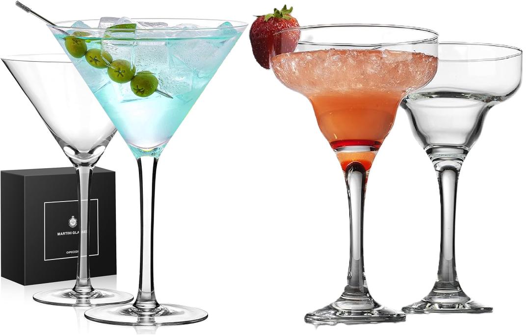 Martini Glasses Set of 2, 9 oz Crystal Cocktail Glasses and Set of 2, 10 oz Margarita Glasses, Hand Blown Crystal Martini and Margarita Glasses for Espresso Martini, Cosmopolitan, Gimlet, Home Bar, Party, Martini Glassware Gift Set (Stem), Set of 4