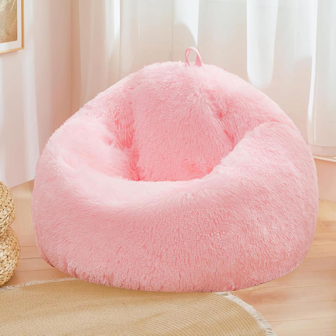 Pink Fluffy Bean Bag Chair Covers (No Filler), Comfy Plush Pink Bean Bag Chair Cover for Bedroom, Stuffed Animal Storage (Large(38"x38"x40"))