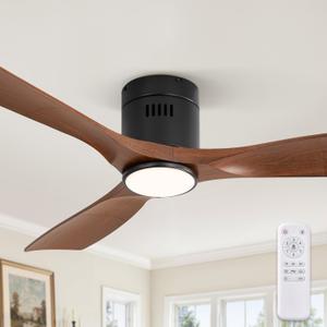 Fanbulous 52" Ceiling Fans with Lights and Remote Control, Modern Flush Mount Ceiling Fan with 3 CCT, Low Profile Ceiling Fans with 6-Speeds Reversible DC Motor for Patio Living Room Bedroom(Walnut)