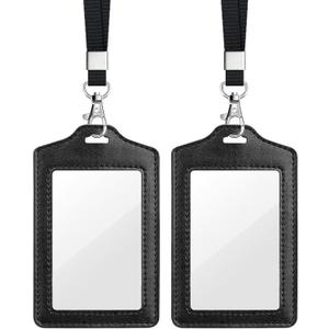 Teskyer 2 Pack Double Sided Clear Badge Holder with Lanyard, PU Leather ID Badge Name Card Holder with Stainless Steel J-Hook Nylon Lanyard for Work, School, Metro, Access, Black
