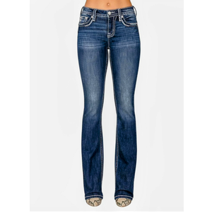 Miss Me Women's Mid-Rise Bootcut Jeans, Blue and White Stitch Border with Faux Flap Pockets, Bootcut Stretch Denim Jeans 28