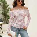 CiCiBird Womens 2025 Fall Off Shoulder Tops Long Sleeve Floral Mesh Shirts Trendy Going Out Outfits (Pink, M)