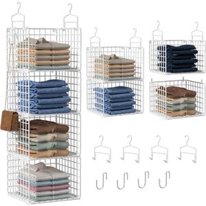 Hanging Closet Organizer, 4 Tier Metal Closet Organizers and Storage with 4 Hanging Hooks 4 S-Hooks for Wardrobe Laundry Room, Wire Storage Shelf for Clothes Sweaters Pants (White)