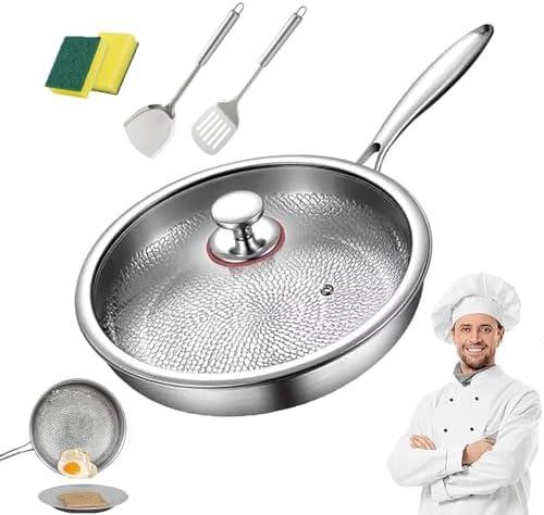 WRSFXV Titanium Pan with Lid, 100% Pure Titanium Hammered Pans Pro for Cooking, Non Stick Titaniums Frying Pans Ultra-Durable & Scratch-Resistant, Perfect for Every Cooktop (With Lid,10.24 in)