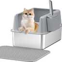 Stainless Steel Cat Litter Box with Lid,XL,19.7L x 13.8W x 11.8H Deep,Metal Litter Box with High Side,for Small and Large Cats,with a Scoop and Scoop Storage Box Litter Mat Double,Easy Cleaning (Grey 4 pcs gifts (11.8 deep))