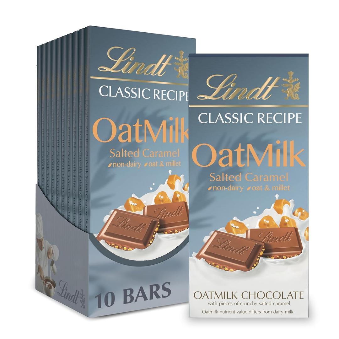 Lindt CLASSIC RECIPE Non-Dairy OatMilk Salted Caramel Chocolate Candy Bar, 10 Pack, 3.5 oz. Best By: 06/30/2025