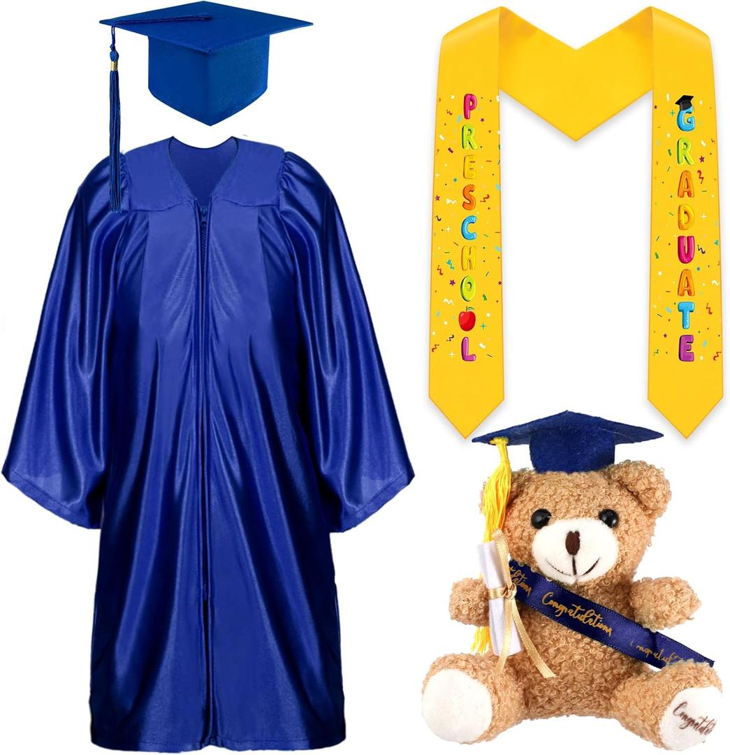 Unittype 4 Pcs Preschool Graduation Gown Cap with Tassel Graduation Stole Stuff Plush Bear Set for Kids Graduation Gifts (Dark Blue)