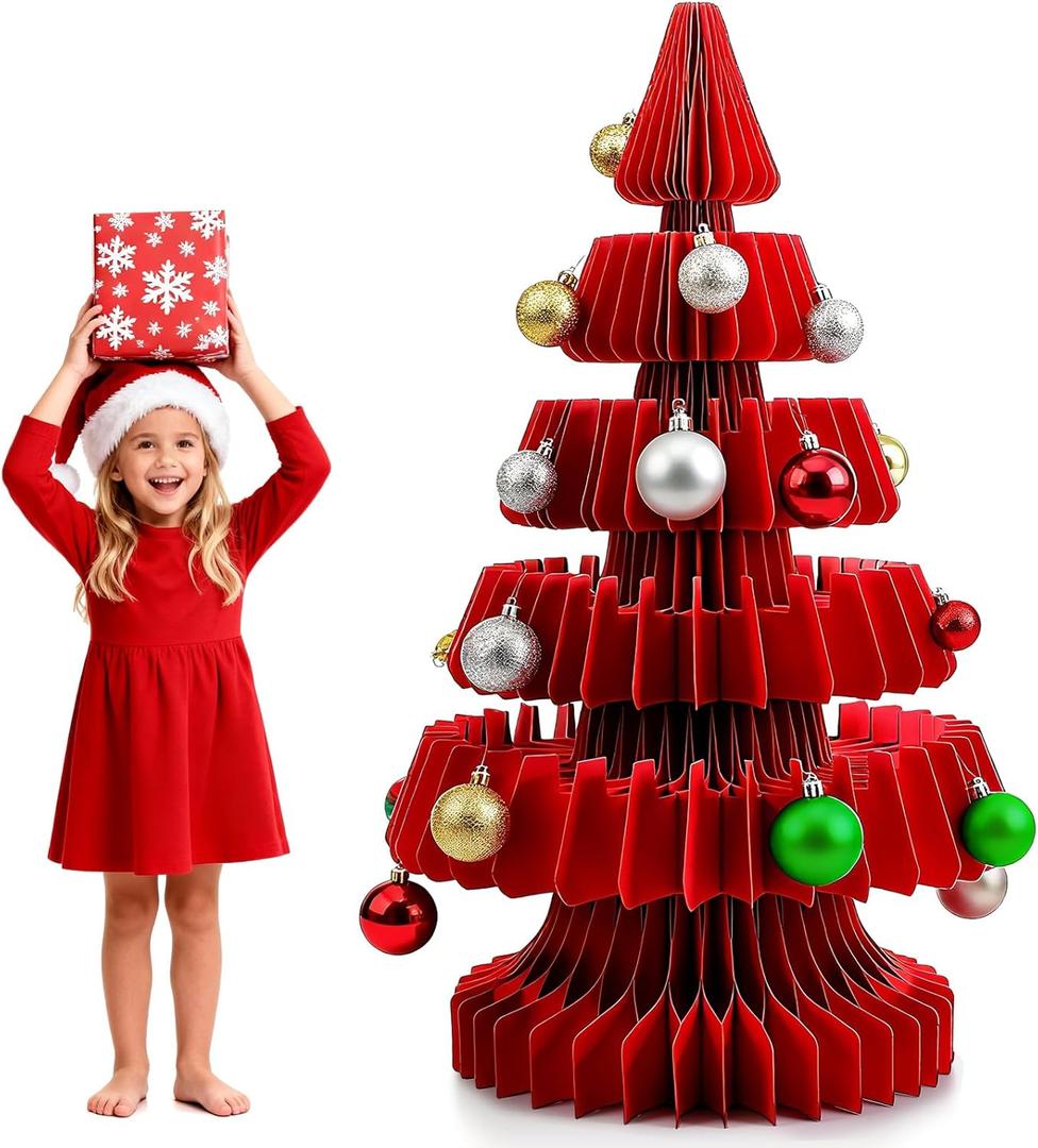 Civaner 3 ft x 1.8 ft Large Honeycomb Christmas Tree Thickened 3D Honeycomb Paper Christmas Tree with Magnetic Folding Xmas Modern Decorations Xmas for Home Living Room Holiday Decorations (35.4 Inches, Red)