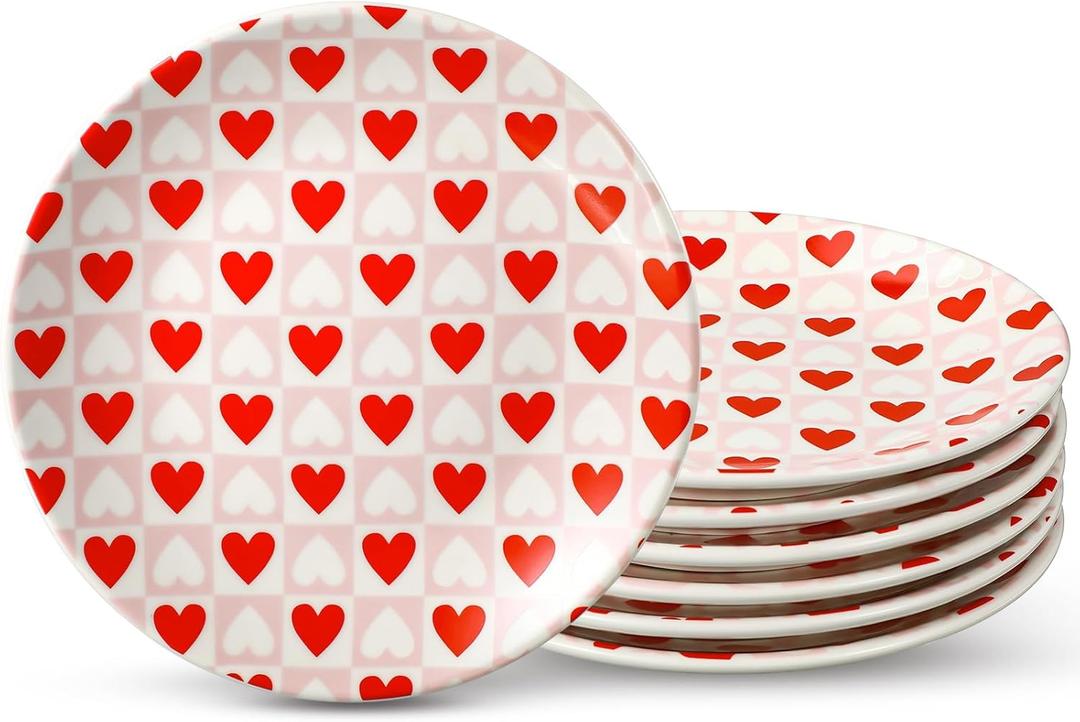 Hushee 6 Pcs Dessert Plate 6 Inch Round Heart Ceramic Plates Valentine Salad Dishes for Party Wedding Party Kitchen Food(Valentine's Day Heart)
