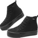 Obtaom High Top Platform Sneakers Women Mid Calf Play Canvas Shoes Washed Platform Skate Skateboard Shoe Casual Canvas Fashion Sneakers (7, Black Monochrome)