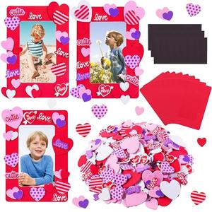 Fovths Valentine Foam Picture Frames DIY Craft Kit, 12 Pieces Foam Photo Frames, 500 Pieces Heart Foam Stickers, 24 Pieces Magnet Craft Stickers for Valentine's Day, Craft Art, Home Decor