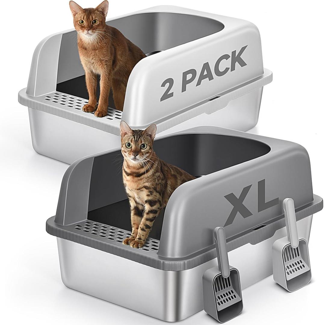 2 Pack Stainless Steel Cat Litter Box with Lid, XL Extra Large Metal Box for Big Cats, 24" L x 16" W x 12" H, Enclosed Litter Box High Sided, Non-Sticky, Include Litter Scoop (Dark Gray & Light Gray)