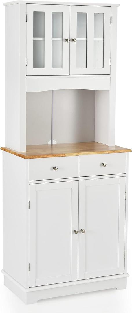 LOKO Kitchen Hutch Cabinet, Kitchen Cabinet with Framed Tempered Glass Doors, Flat Countertop and 2 Drawers, Kitchen Pantry Storage Cabinet with Adjustable Shelves, 27 x 16 x 67 inches (White)