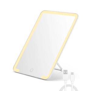 OMIRO Travel Makeup Mirror with Light, 10 x 7 inch Lighted Desk Mirror with Adjustable Stand and 3 Lighting Modes for Shaving and Travelling, White