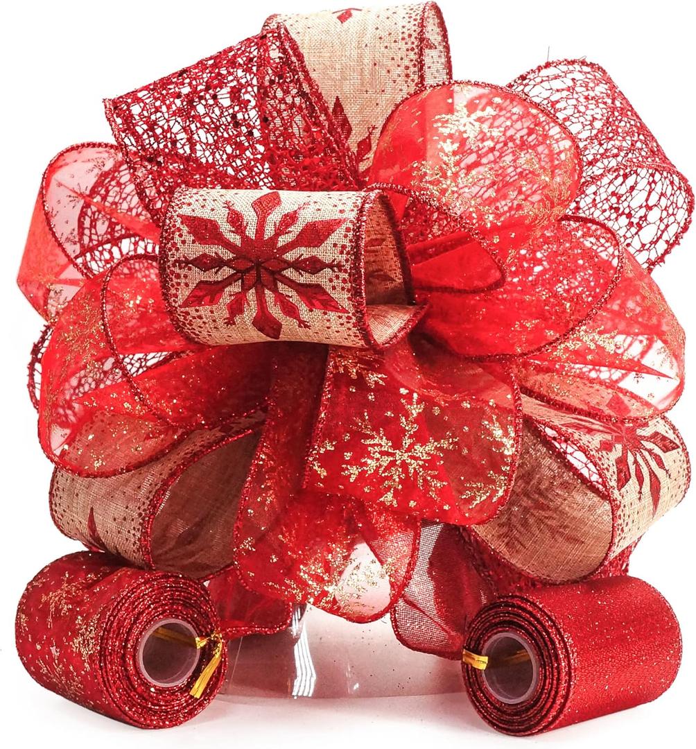CT CRAFT LLC Red Snowflake Christmas Tree Topper Bow 11" with 4 Ribbon Streamers x 3 Yards Long Each for Holidy Elegant Fancy Home Dcor Indoor