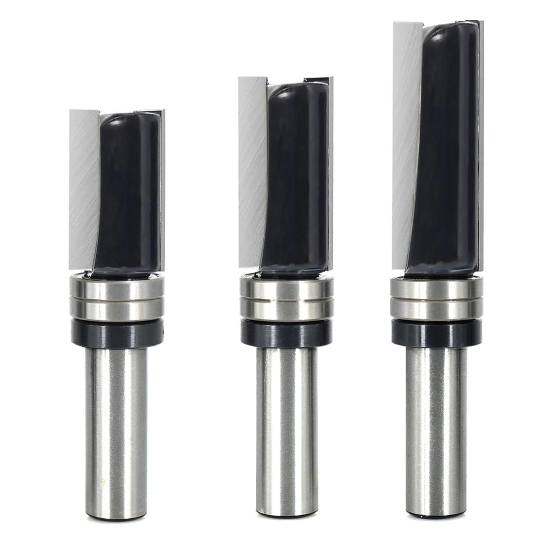 3PCS Pattern Flush Trim Router Bit 1/2 Shank, 3/4" Dia, Stable Double Bearing Guides, Top Bearing Template Flush Cut Stright Trim Router Bit, for DIY&Woodworking, Height 2", 1-1/2", 1-1/4"