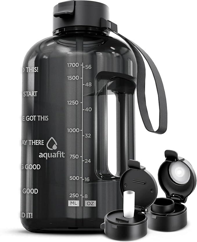 AQUAFIT Half Gallon Water Bottle with Time Marker - Straw & Chug Lid - BPA Free Gym Water Bottle with Straw - Big Gallon Jug (Gray, 64 oz - 2 Lids)