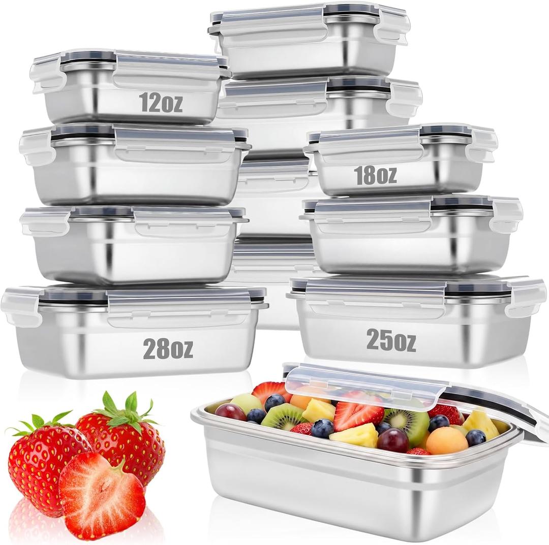 12 Pcs 304 Stainless Steel Food Containers with Lids Square Airtight Bento Lunch Boxes Metal for Snacks Sandwiche Storage Meal Prep Dishwasher Freezer Safe Office Home(12/18/25/28oz)(Black)