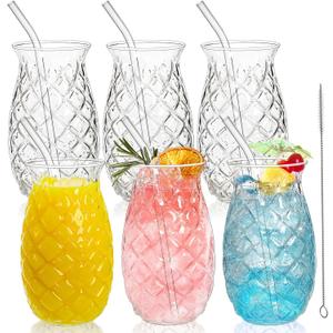 Set of 6 Pineapple Drinking Glasses, 17 Oz Clear Cocktail Glasses with Straws, Retro Relief Pineapple Cups Classic Wine Drink Glass for Cocktail, Wine, Juice, Water, Milk