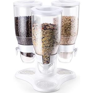 3 x 3L Capacity Candy Dispenser Countertop Rotatable Triple Cereal Countertop for Coffee Shop Food Dispenser for Candy Nut Pasta Grains Kitchen Oatmeal Pet Snacks Home(White)